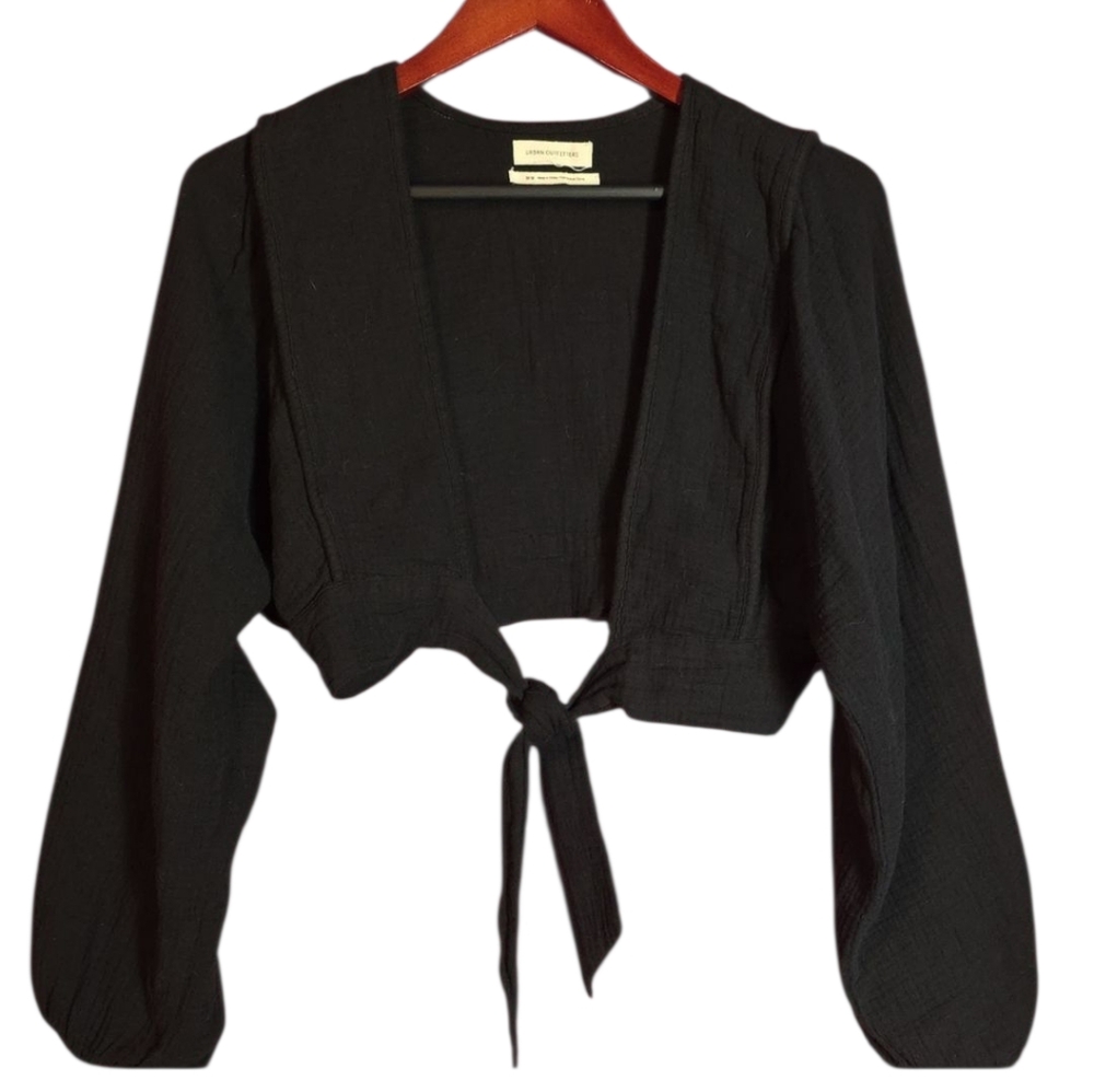 Urban Outfitters Cotton Gauze Black 3/4 Sleeve Tie Front Crop Blouse Shrug